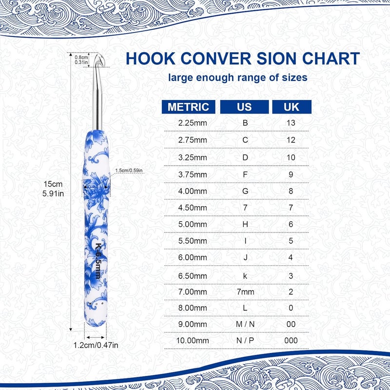 BCMRUN Crochet Hooks Set with Case 14 Size Blue and White Porcelain Pattern for Arthritis Hands, 2.25mm(B)-10mm(N) Crochet Needles for Beginners, Mothers Day Gift, Crochet Lovers (Azure) - Image 2